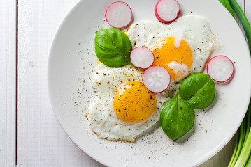 Fried eggs shape hearts Valentines dish