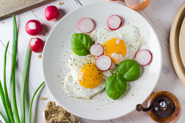 Fried eggs shape hearts Valentines dish
