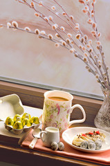 Easter Breakfast: coffee, cake, candy eggs, hearts