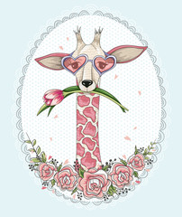 Plakaty  Ładny hipster żyrafa tło z kwiecistą ramą.