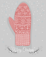 Cute christmas mitten with hearts and christmas trees ornaments