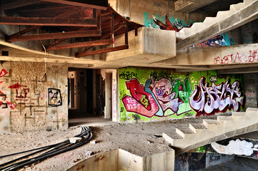 Abandoned building covered with graffiti near Jerusalem.