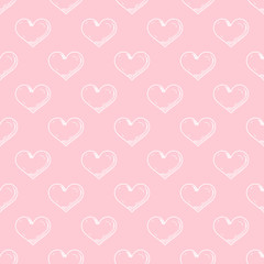 Hand drawn heart on pink background seamless pattern.