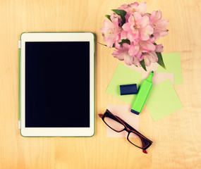 Office table with digital tablet. Top view with copy space