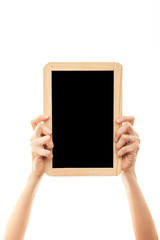 female hands holding blackboard chalkboard