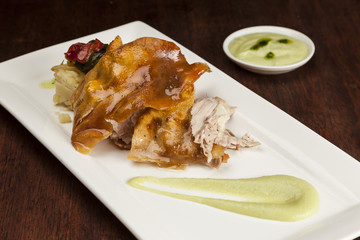 Roast pork with potatoes and apple sauce