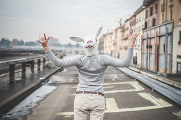 surreal woman with a rabbit mask - conceptual shot - obrazy, fototapety, plakaty