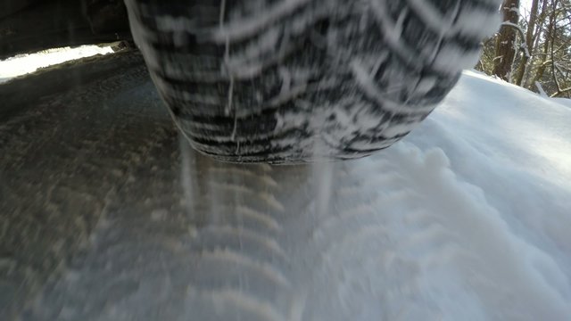 In the back of the cars wheel, winter road