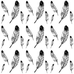 Obraz premium Feathers black and white graphic drawing seamless texture, artistic hand drawn vector pattern on white. Elegance design