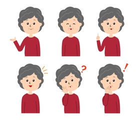 A set of six pose variations of happy old woman