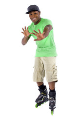 young black adult learning to balance on rollerblade skates