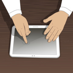 Vector. Male hands. The man presses on the touch screen.