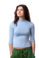 Obraz premium Girl in a blue blouse looking up
