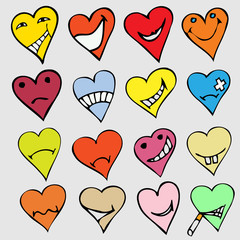 Collection of different heart symbols doodle, Different emotions