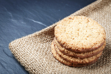 Closeup of stack biscuit cookies on table
