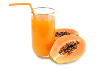 papaya fruit and glass of juice isolated on white