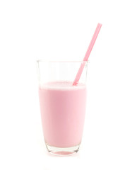 Glass of strawberry milk on white