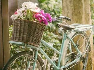 Wall murals Bike Vintage bicycle with flowers in front basket