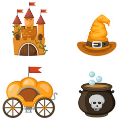 colorful castle,carriage,witch hat,witches cauldron vector © Jehsomwang