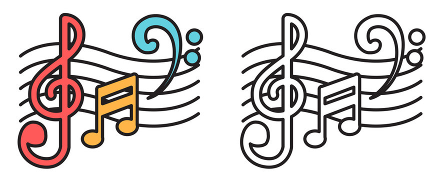 colorful and black and white music notes for coloring book