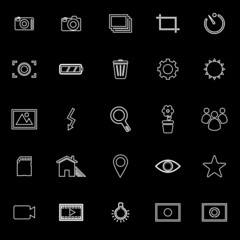 Photography line icons on black background