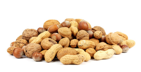 Close up of fresh walnuts and hezelnuts against white background