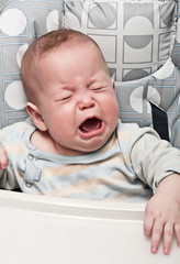 kid cries sitting in a chair for feeding