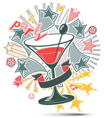 Festive illustration with musical notes and glass martini goblet