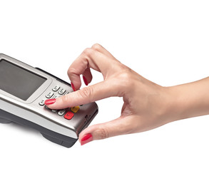 payment terminal, enter PIN on white background isolated