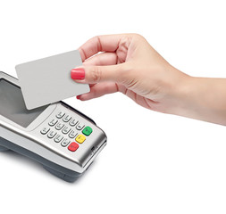 payment terminal, card and hand on white background isolated