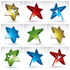 Set of 3d mesh stars isolated on white background, collection of