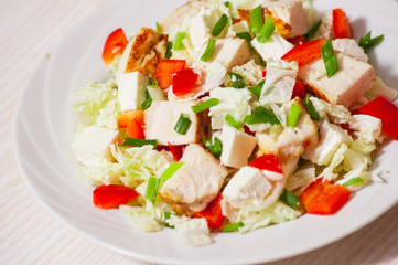 Vegetable salad with roasted chicken meat