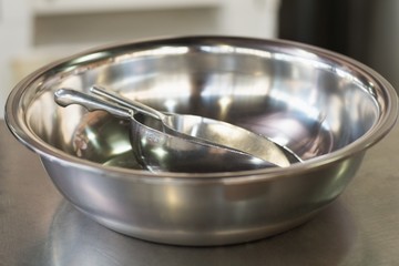 Mixing bowls and scoops on counter