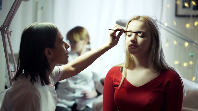 Cosmetician applying makeup on young woman's face 