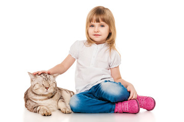 Little girl playing with a British cat