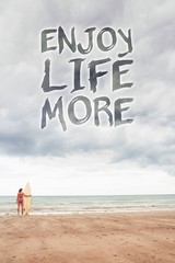 Composite image of calm woman in bikini with surfboard on beach