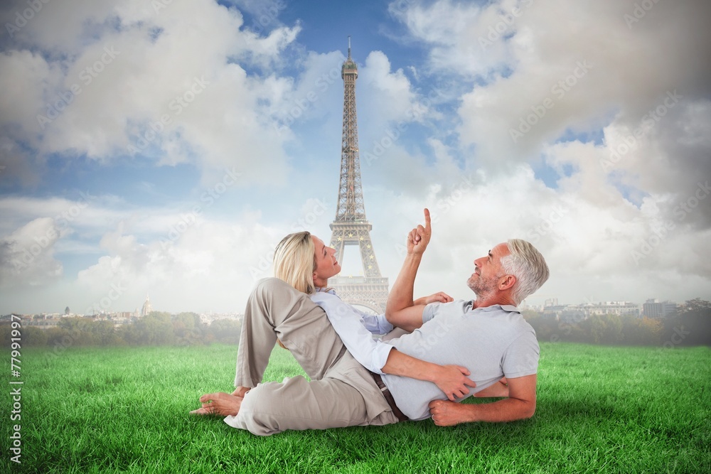 Aufkleber composite image of smiling couple lying and looking up