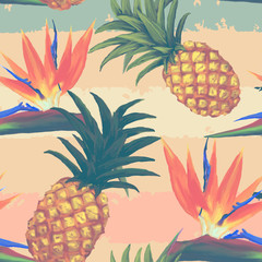 tropical exotic flowers and pineapple seamless pattern