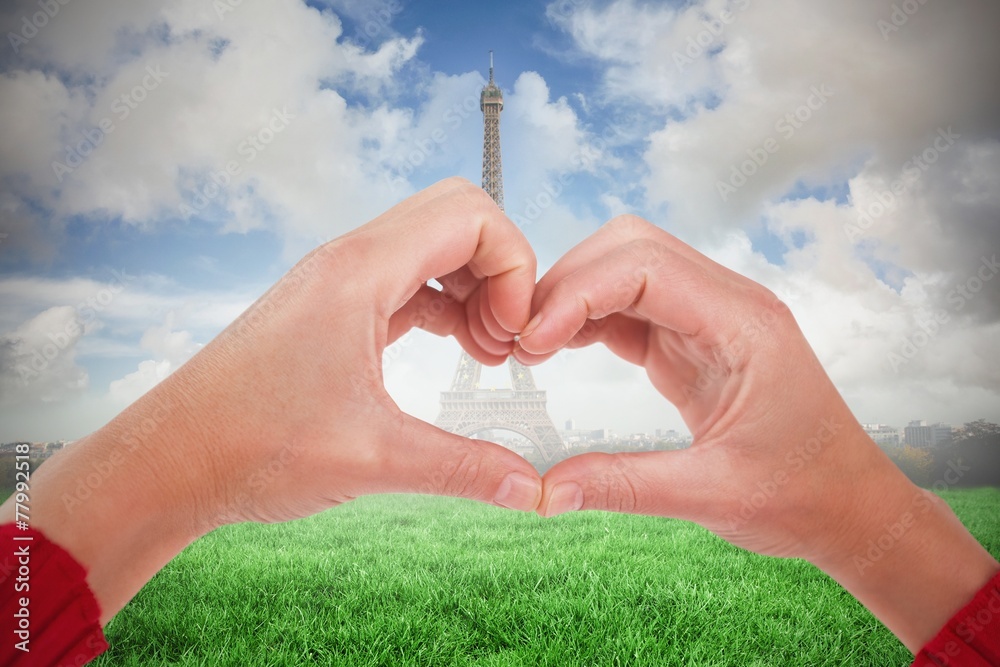 Poster composite image of woman making heart shape with hands