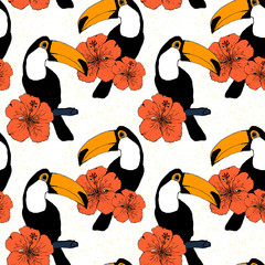 Hand drawn seamless pattern with toucans in vector