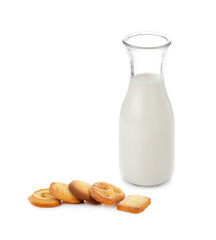 bottle of milk and cookie isolated on white background