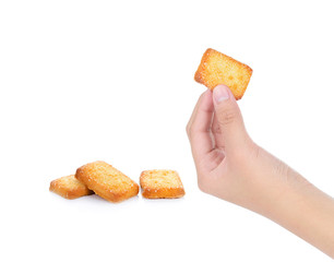 hand holding cookie isolated on white background