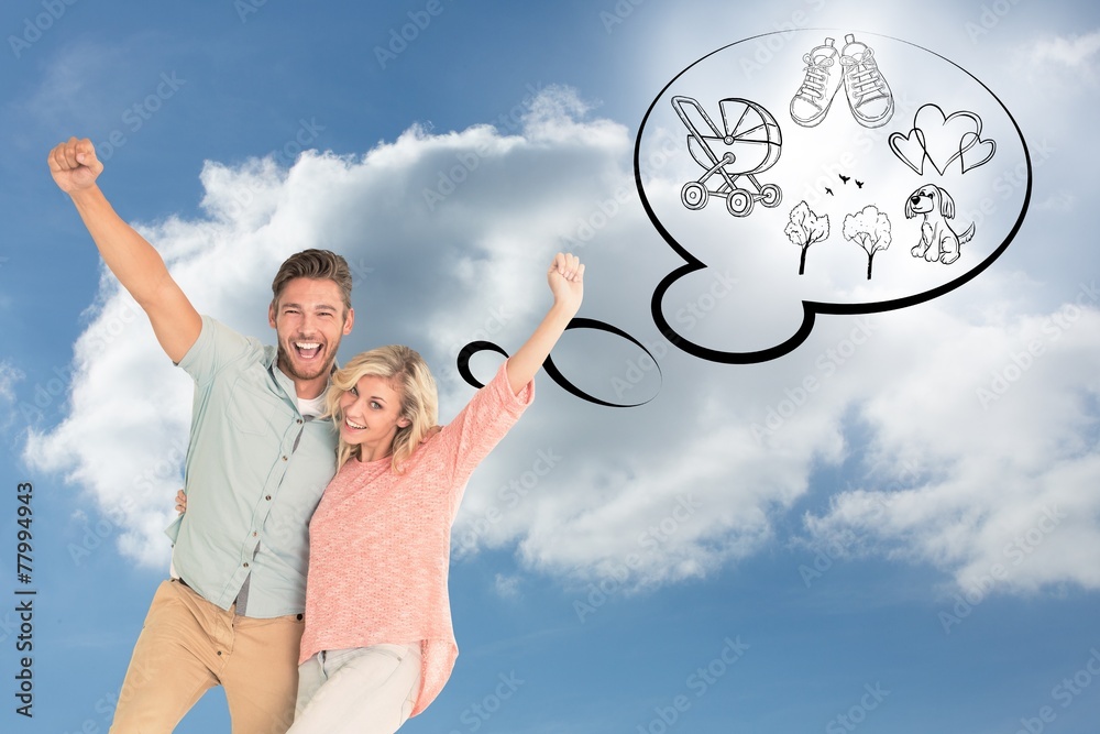 Poster composite image of attractive couple smiling and cheering