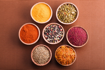 set dry spices in a wooden bowl