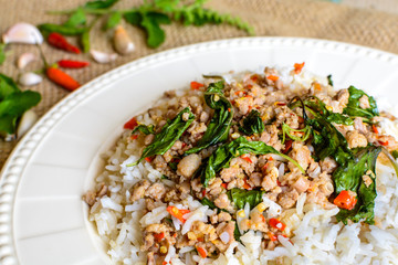 Rice topped with stir-fried pork and basil