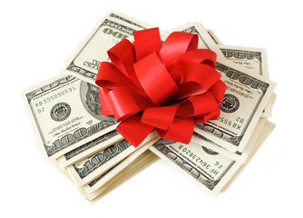 Money gift (big stack of dollars with red bow