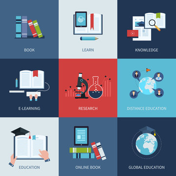 Set of icons for education include distance education, e