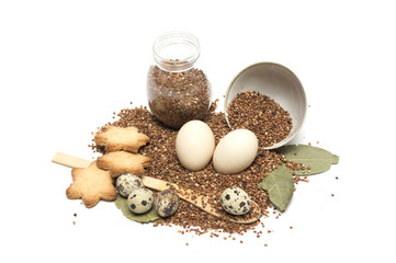 Ingredients for cooking buckwheat with eggs. Photo.