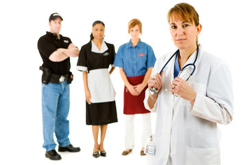 Obraz premium Occupations: Doctor Leads Concerned Group of Various Occupations