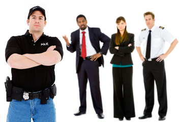 Obraz premium Occupations: Serious Policeman with Others Behind
